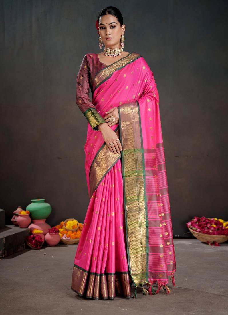 pink color graceful art silk fabric woven jacquard designer saree