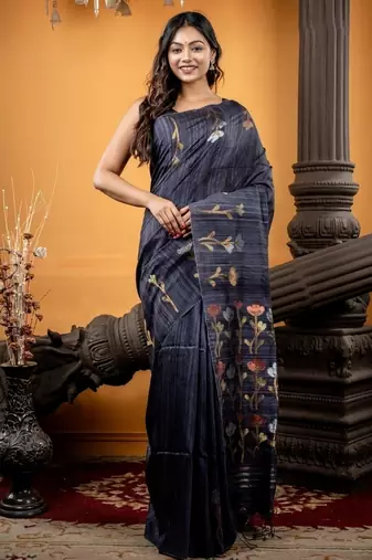 grey hand woven matka silk blend zari work all seasons sarees