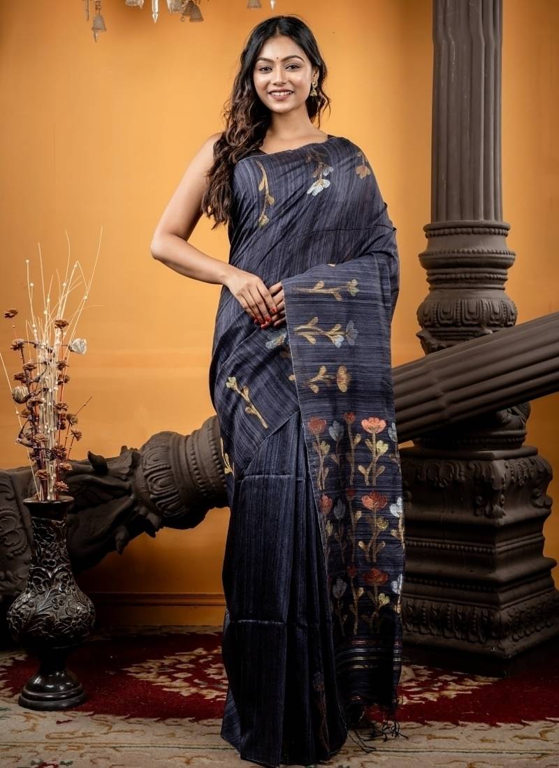 grey hand woven matka silk blend zari work all seasons sarees