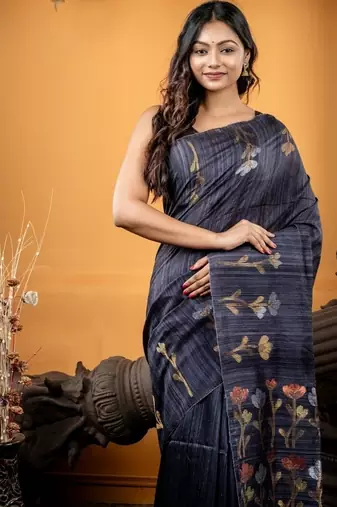 grey hand woven matka silk blend zari work all seasons sarees