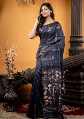 grey hand woven matka silk blend zari work all seasons sarees 3