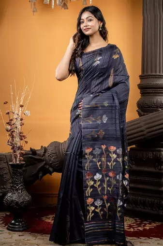 grey hand woven matka silk blend zari work all seasons sarees