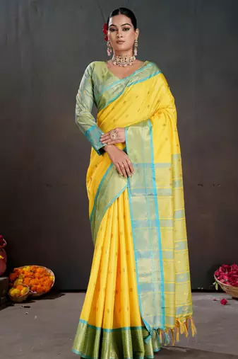 yellow color graceful art silk fabric woven jacquard designer saree