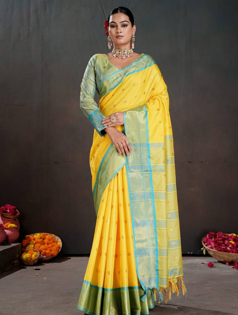 yellow color graceful art silk fabric woven jacquard designer saree