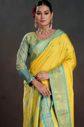 yellow graceful art silk blend woven jacquard saree