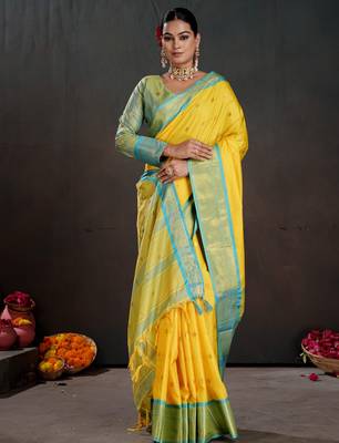 yellow graceful art silk blend woven jacquard saree 4
