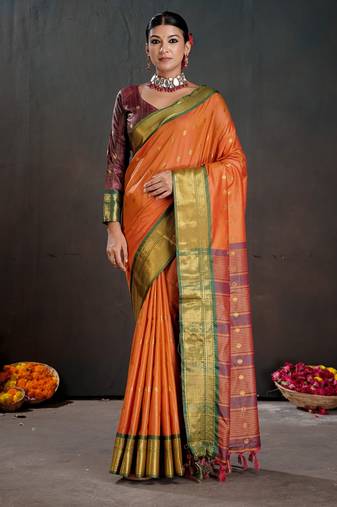 orange color graceful art silk fabric woven jacquard designer saree