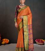 orange color graceful art silk fabric woven jacquard designer saree