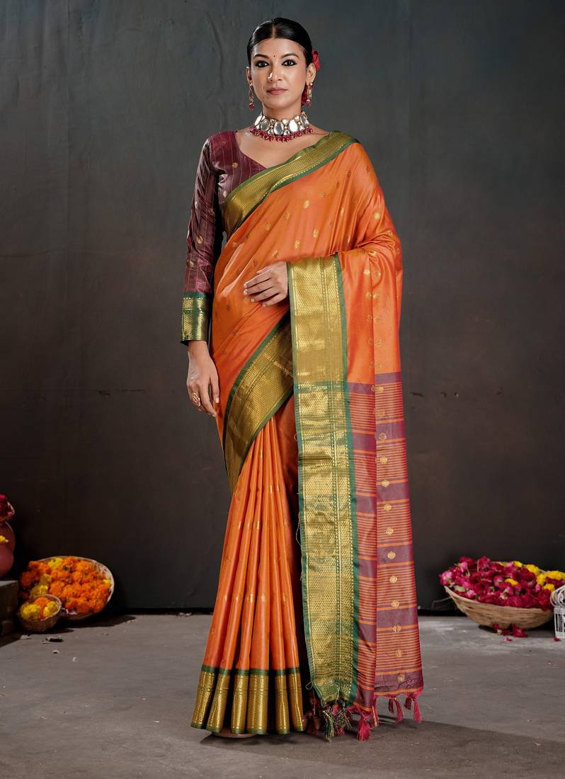 orange color graceful art silk fabric woven jacquard designer saree