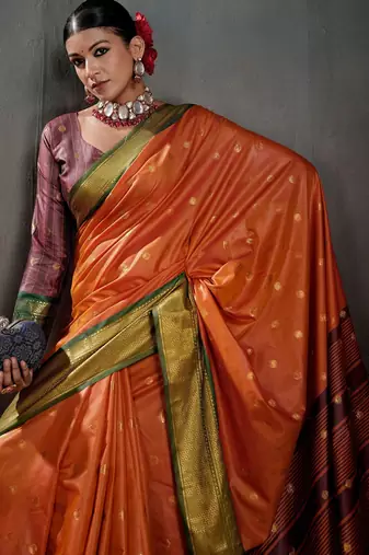 orange graceful art silk blend woven jacquard saree