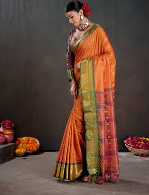 orange graceful art silk blend woven jacquard saree 4
