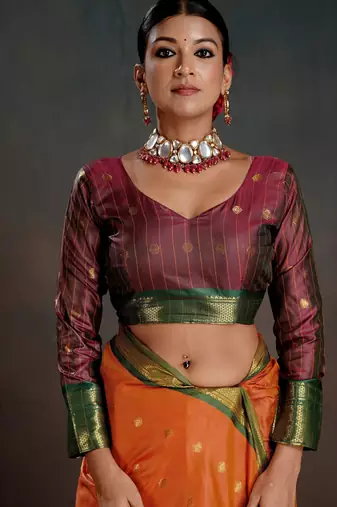 orange graceful art silk blend woven jacquard saree