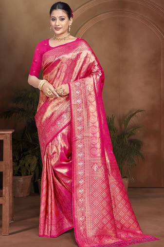 rani pink color kanjivaram silk blend fabric woven designer graceful partywear saree