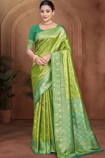 green color kanjivaram silk blend fabric woven designer graceful partywear saree