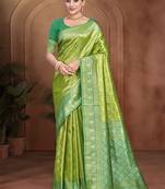 green color kanjivaram silk blend fabric woven designer graceful partywear saree