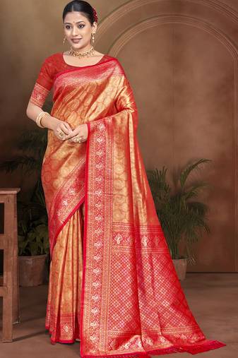 red with golden color kanjivaram silk blend fabric woven designer graceful partywear saree
