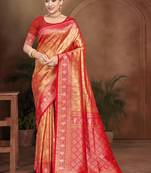 red with golden color kanjivaram silk blend fabric woven designer graceful partywear saree