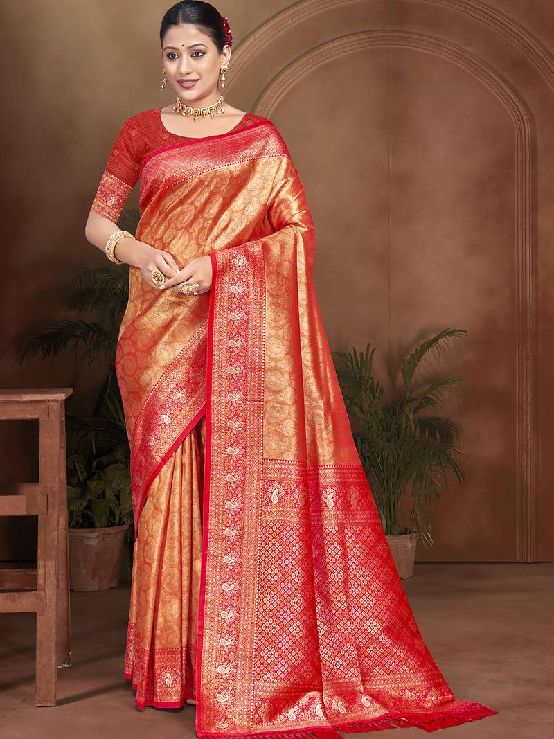 red with golden color kanjivaram silk blend fabric woven designer graceful partywear saree