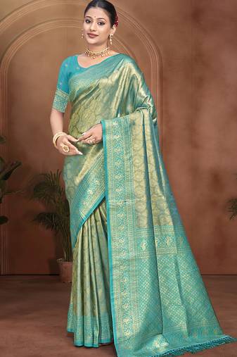 deep teal color kanjivaram silk blend fabric woven designer graceful partywear saree