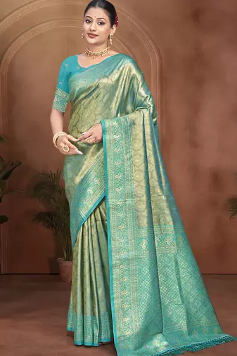 deep teal color kanjivaram silk blend fabric woven designer graceful partywear saree