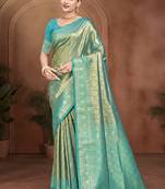 deep teal color kanjivaram silk blend fabric woven designer graceful partywear saree