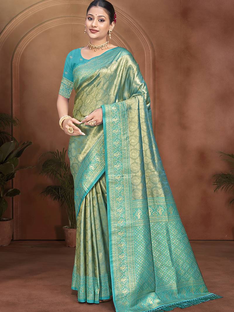 deep teal color kanjivaram silk blend fabric woven designer graceful partywear saree