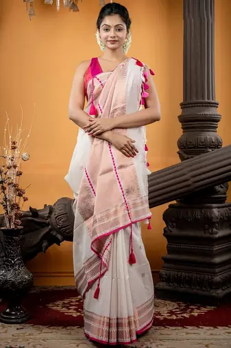 white hand woven cotton zari work all seasons sarees