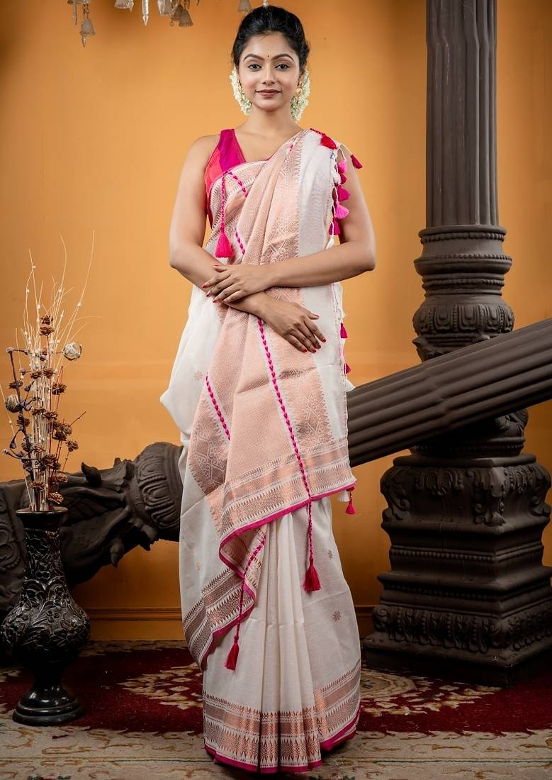 white hand woven cotton zari work all seasons sarees