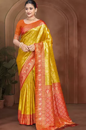 yellow color kanjivaram silk blend fabric woven designer graceful partywear saree
