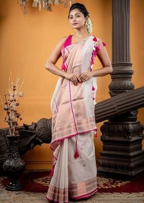 white hand woven cotton zari work all seasons sarees 3