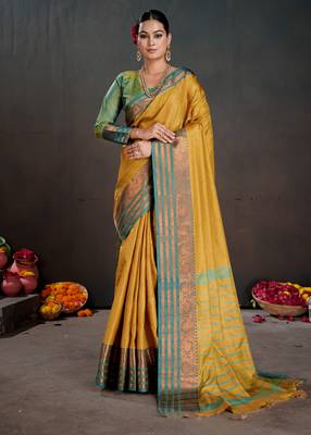 mustard woven jacquard art silk blend saree 1