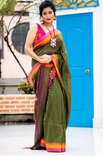 green hand woven cotton bengal handloom all seasons sarees
