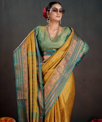 mustard woven jacquard art silk blend saree 3