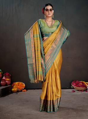 mustard woven jacquard art silk blend saree 4
