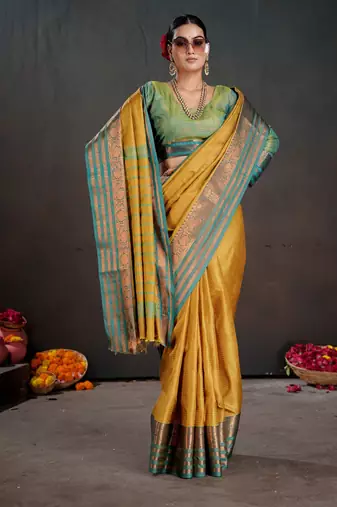 mustard woven jacquard art silk blend saree