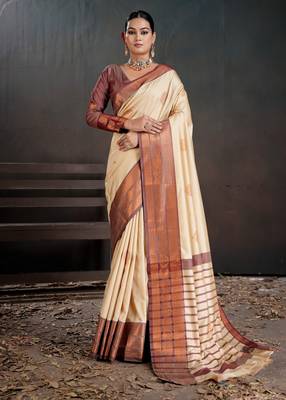 off white woven jacquard art silk blend saree 1
