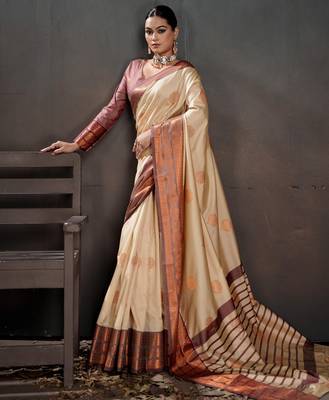off white woven jacquard art silk blend saree 4