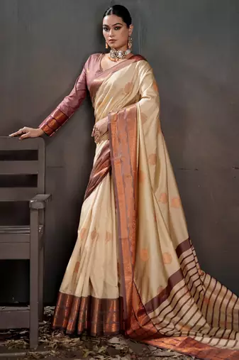 off white woven jacquard art silk blend saree