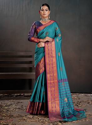 teal woven jacquard art silk blend saree 1