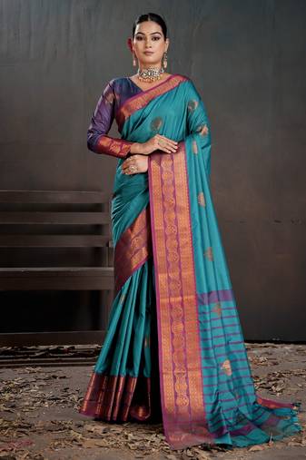 teal color beautiful woven jacquard designer art silk saree