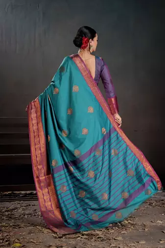 teal woven jacquard art silk blend saree