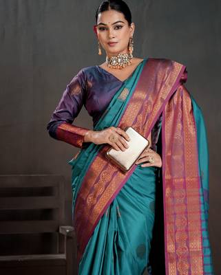 teal woven jacquard art silk blend saree 3
