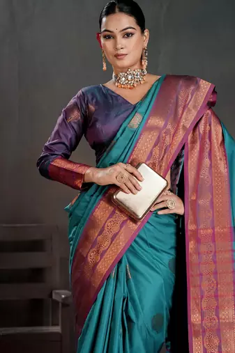 teal woven jacquard art silk blend saree