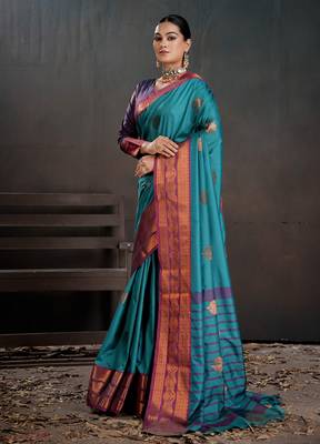 teal woven jacquard art silk blend saree 4