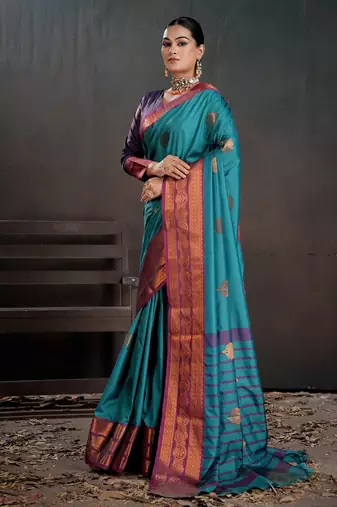 teal woven jacquard art silk blend saree