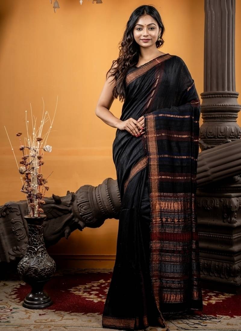 black hand woven matka silk blend zari work all seasons sarees