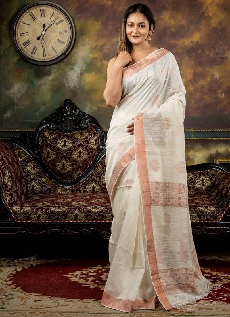 white hand woven silk blend zari work all seasons sarees