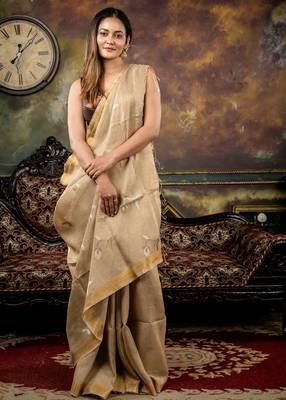beige hand woven linen zari work all seasons sarees 1