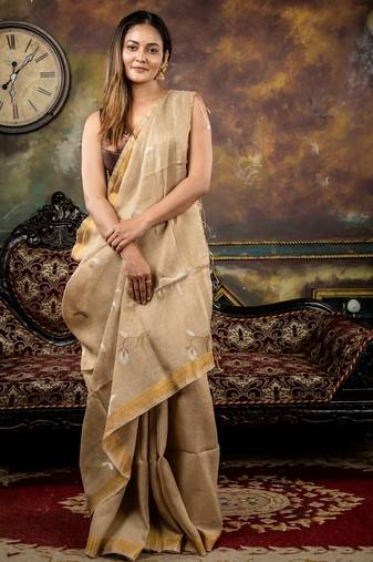 beige hand woven linen zari work all seasons sarees