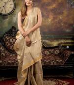 beige hand woven linen zari work all seasons sarees